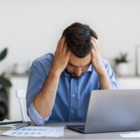 Business Problems. Desperate Millennial Businessman Sitting At Workplace In Office, Touching Head, Suffering From Bankruptcy And Financial Crisis, Having Headache Or Luck Of Inspiration, Copy Space Business Problems. Desperate Millennial Businessman Sitting At Workplace In Office, Touching Head, Suffering From Bankruptcy And Financial Crisis, Having Headache Or Luck Of Inspiration, Copy Space