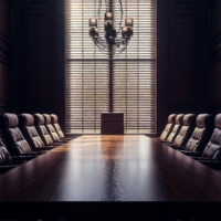 A Vast, Vacant Corporate Bankruptcy Hearing Room, Featuring a Long Wooden Table and Leather Chairs, Dim Lighting Accentuates Solemn Atmosphere, Background Window with Partially Closed Blinds Adds Isol See Less