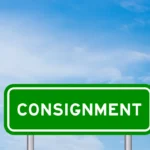 Green color transportation sign with word consignment on blue sky with white cloud background