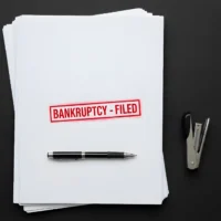 Bankruptcy Filed official documents with red stamp, pen, and stapler on a dark desk, representing financial insolvency and legal action.