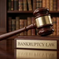 A judge's gavel resting on a wooden stand with bankruptcy law text.