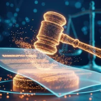 Concept of online law and digital justice featuring a tech gavel and scales of justice. Concept of online law and digital justice featuring a tech gavel and scales of justice.