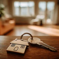 House keychain and keys on a table, symbolizing home ownership, property access, and real estate investment.
