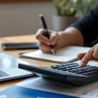 Professional accountant managing budget and financial planning using calculator and notebook in an office setting Professional accountant managing budget and financial planning using calculator and notebook in an office setting